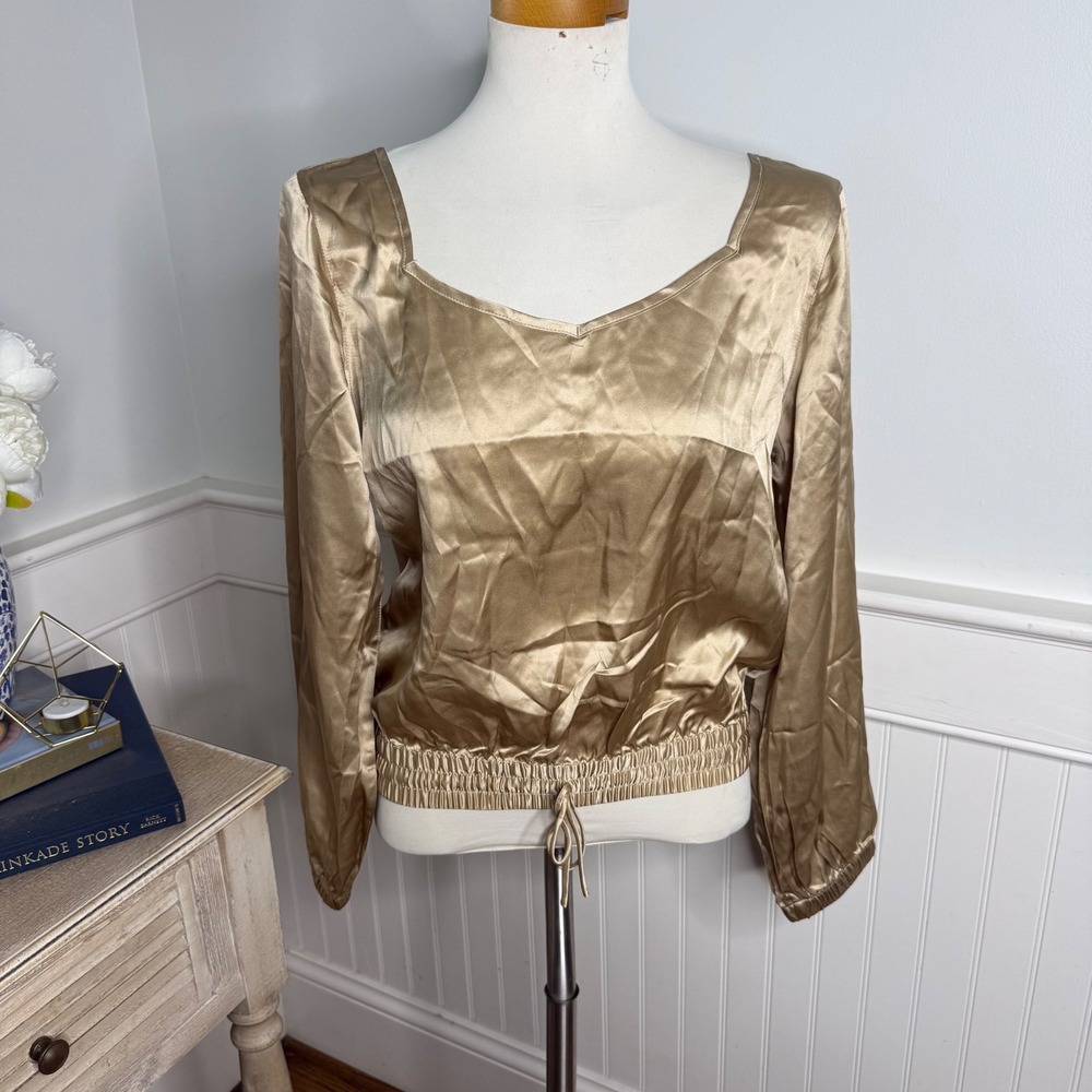SHUG 100% Silk Champagne Gold Long Sleeve Smocked Hem Blouse Medium NEW
